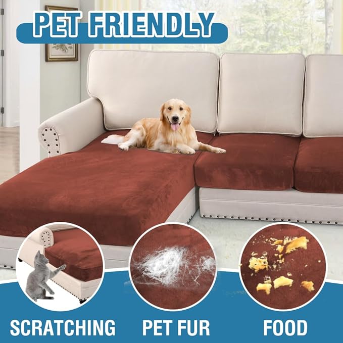 H.VERSAILTEX Velvet Stretch Sectional Couch Covers 3 Pieces Sofa Seat Cushion Covers L Shape Separate Cushion Couch Cover for Both Left/Right Sectional Couch (Large Sofa 2 Seater + 1 Chaise, Rust)