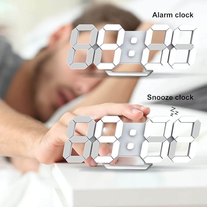 Deeyaple LED Clock, 3D Digital Wall & Desk Alarm Clock with Snooze, Dimmable Display, Time Memory, 12/24H Date & Temperature, Remote Control Night Light for Bedroom, Office, Kitchen, Home (White)