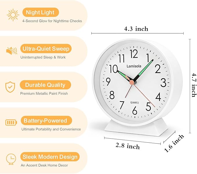 4.5 Inch Small Silent Analog Alarm Clock, Retro Battery Operated Desk Clock with Night Light Stays On 4 Seconds Vintage Metal Table Clock for Bedside, Nightstand, Bedroom, Office, Bathroom - White