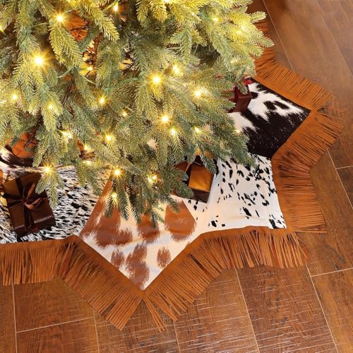 Shappy Western Christmas Tree Skirt 48 Inch Cows Print Tree Skirts Decorations Cowboy Christmas Skirt with Tassel Decorations Mats for Xmas Party Holiday Ornament Home (Stylish) - Image 6