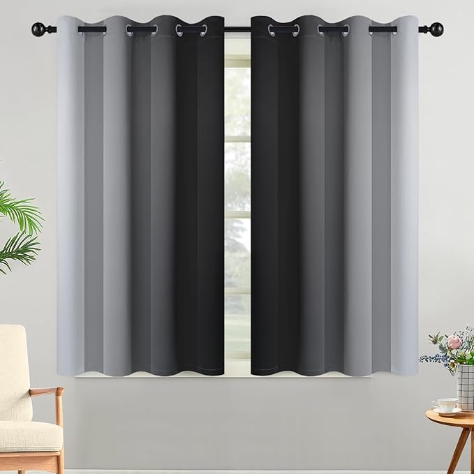Yakamok Light Blocking Ombre Curtains, Greyish White and Black Gradient Color Curtains, Room Darkening Grommet Window Drapes for Bedroom(Black, 52x45 Inch, 2 Panels)