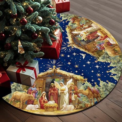 Double Sided Buffalo Plaid Nativity Christmas Tree Skirt, 36 Inch Red Tree Skirt, Jesus Nativity Holy Night Soft Farmhouse Holiday Xmas Trees Decoration, Nativity Christmas Blue Tree Skirt - Image 3