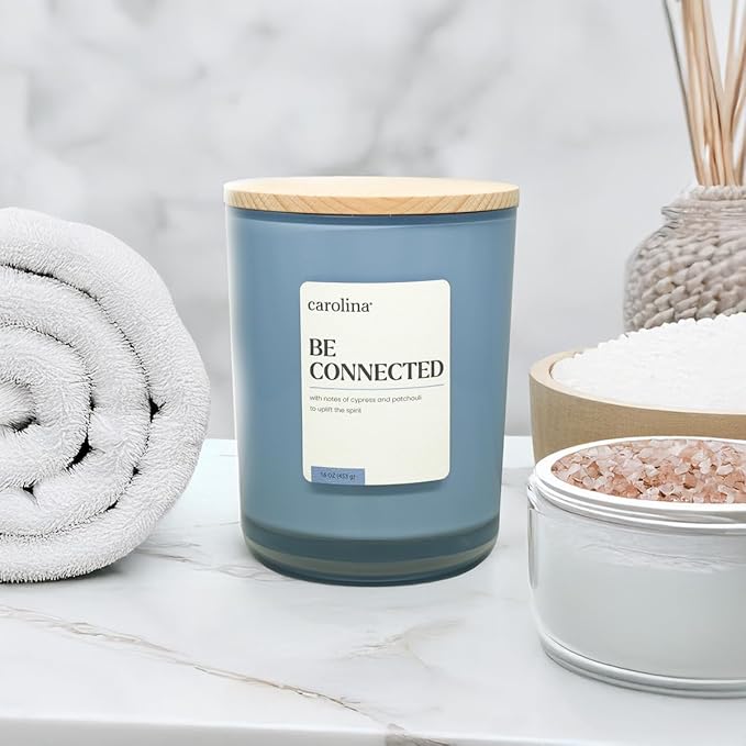 Carolina Be Connected Scented Candle, 16 oz Cypress & Patchouli Scented, 2 Wick Wellness Relaxing Candle, 60H Burn Time, Ideal for Creating a Welcoming Home - Made in The USA