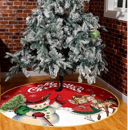 Poen 48 Inch Christmas Tree Skirt Vintage Snowman Red Farmhouse Holiday - Image 5