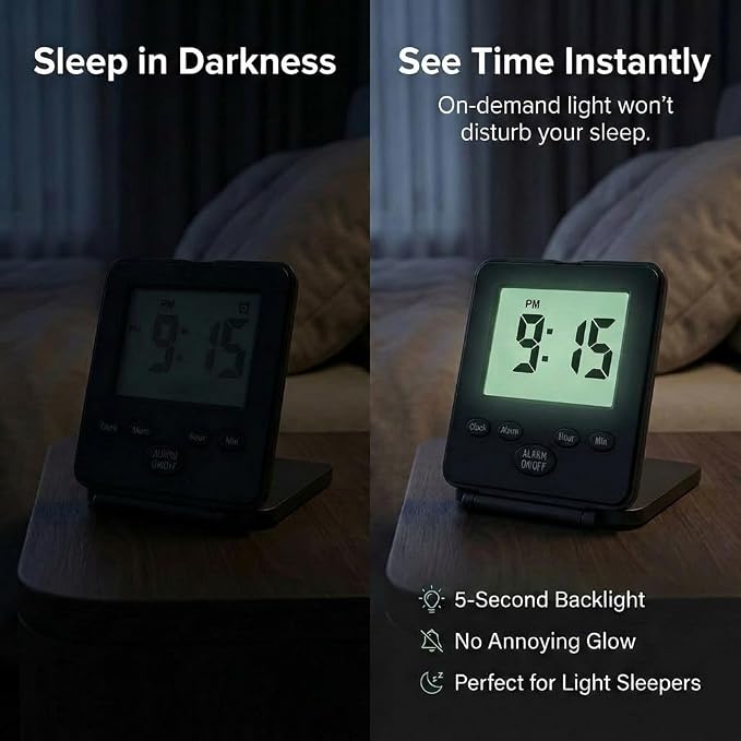 Digital Travel Alarm Clock - No Bells, No Whistles, Simple Basic Operation, Loud Alarm, Snooze, Small and Light, ON/Off Switch, 2 AAA Battery Powered, Black - Image 3