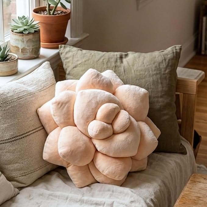 Green Philosophy Co. Succulent® Pillow 16" – Soft 3D Decorative Flower Throw Pillow, Unique Blush Peach Plush Flower Cushion, Perfect for Couch, Sofa, Bedroom Decor, Gift for Plant Lovers