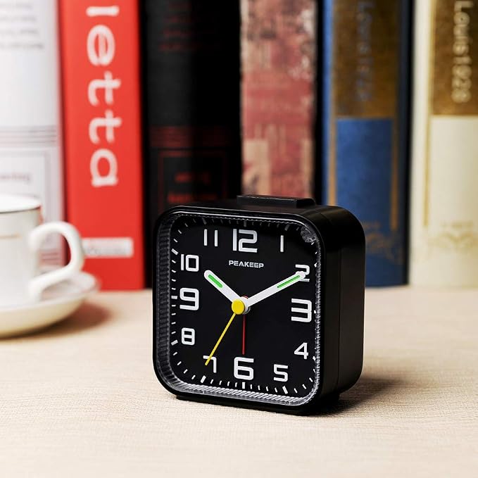 Peakeep 3D Numbers No Tick-Tock Analog Alarm Clock Classic Beep Sound | Snooze, Manual Light and Battery Powered Small for Travel (Black-3D) - Image 4