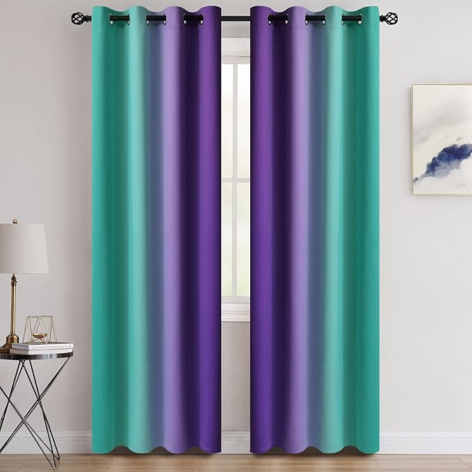 COSVIYA Grommet Ombre Room Darkening Curtains 84 inches Length for Living Room, Polyester Light Blocking Teal and Purple Gradient Window Drapes/Curtains for Kids/Girls Bedroom,2 Panels, 52x84inches