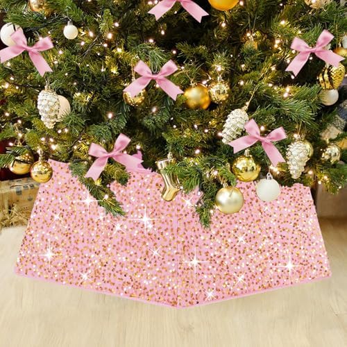 Sequin Christmas Tree Ring Collar Collapsible 25.59 Inch Pink Gold Tree Skirt Velvet Tree Stand Cover for 7.5ft Artificial Tree Home Xmas Ornaments by LJIE-House