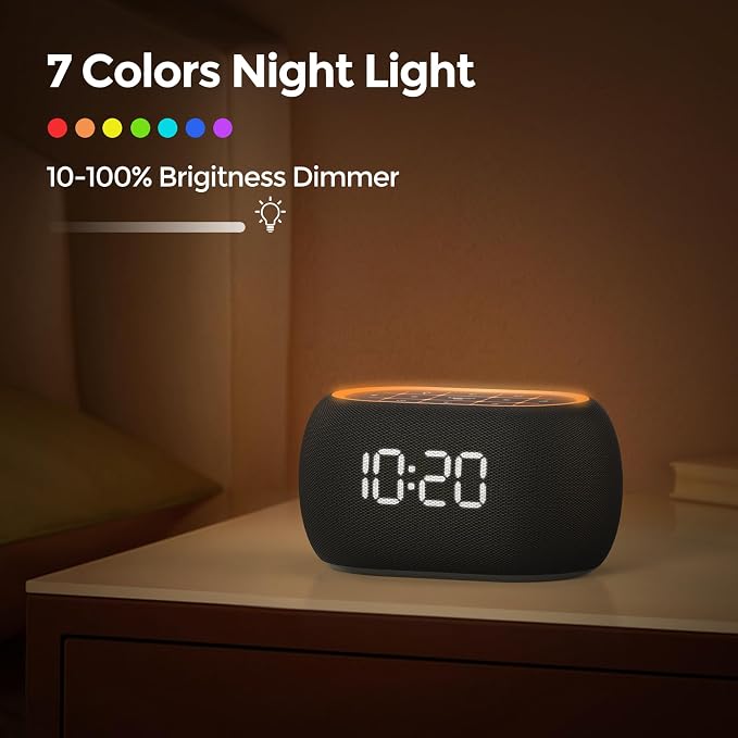 ANJANK Alarm Clock White Noise Sound Machine with Bluetooth Speaker, 21 Soothing Sounds, 7 Night Lights, 0-100% Dimmer/Sleep Timer/Volume Control, Small Design for Kids Adults Sleeping,Bedroom (Black) - Image 7