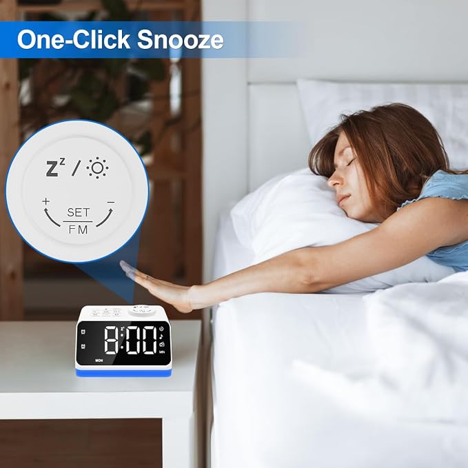 JALL Digital Alarm Clock with FM Radio for Bedroom, 8 Colors Night Light with Charging Port, Sleep Sound Machines with Timer, Dual Alarm (White with White Font) - Image 8