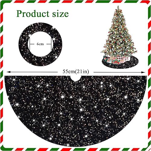 FANPROMS Black Christmas Tree Skirt 21 Inches Sequin Halloween Tree Skirts for Autumn Fall Events Thick Velvet Xmas Tree Skirt Mat Rustic Christmas Tree Base for Artificial Christmas Tree Ornaments - Image 2
