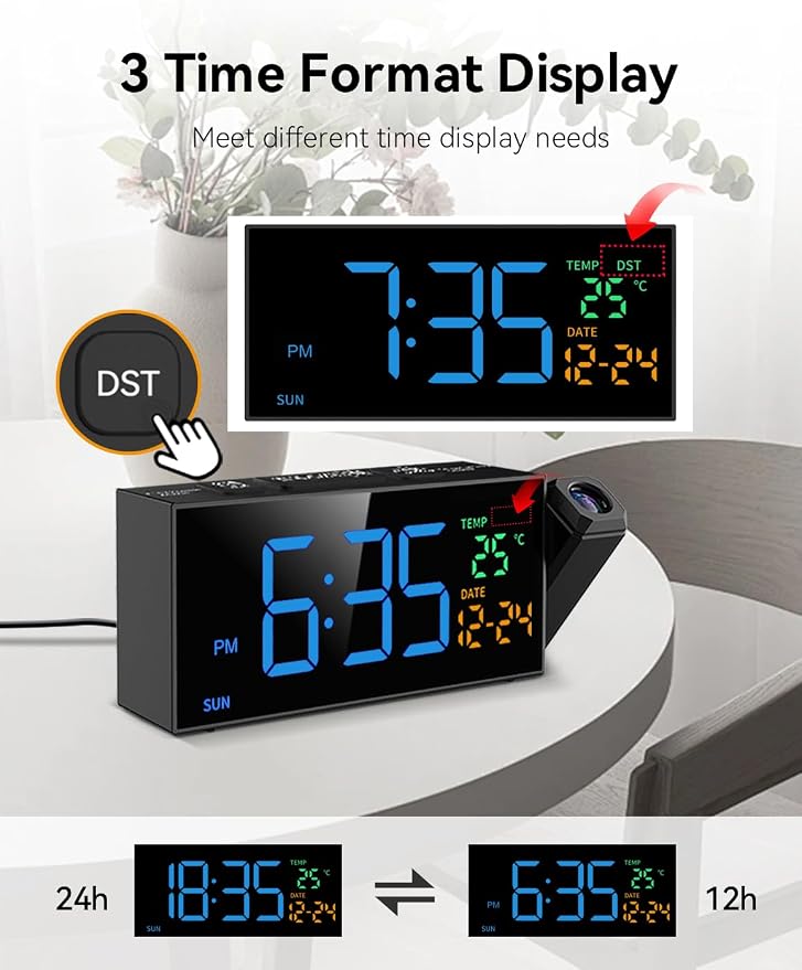 Netzu Projection Clock for Bedroom Ceiling, Digital Clocks with 180° Rotatable Projector, Date Temperature and Weekday Blue - Image 6