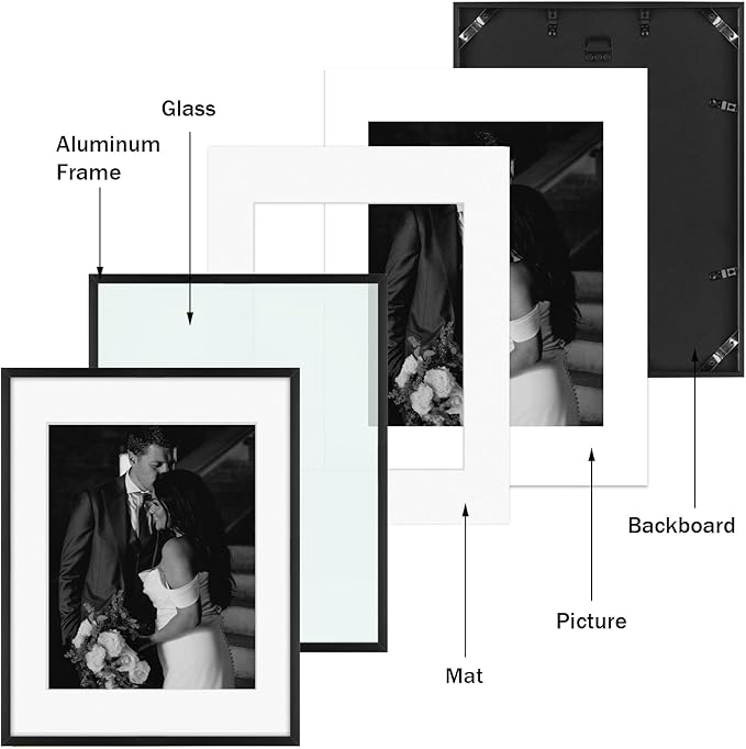 Frametory, Black Aluminum Picture Frame with Removable Mat - Set of 7 Includes Four 5x7, Two 8x10, One 11x14 - Real Glass Front - Simple Gallery Wall Frames for Art Prints and Posters