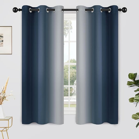 Yakamok Room Darkening Ombre Curtains 63 Inch Length, Navy Blue and Greyish White Thermal Insulated Gradient Color Curtains,Light Blocking Grommet Window Drapes for Bedroom,42 Inch Width,2 Panels