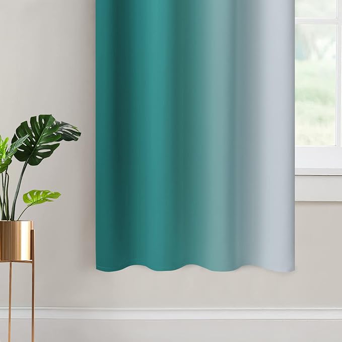 Yakamok Teal and Greyish White Ombre Curtains 63 Inch Length, Light Blocking Gradient Color Curtains, Room Darkening Thermal Insulated Grommet Window Drapes for Bedroom (2 Panels, 52x63 Inch)