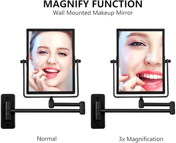 QiMH 3X Magnified Wall Mounted Mirror, Rectangular 8x6 Inch with Extendable Arm | Double-Sided Swivel Bathroom Shaving Vanity Mirror