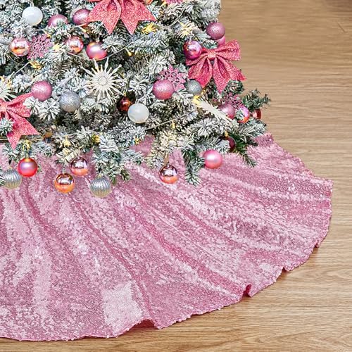 Pink Christmas Tree Skirt 48 Inch Tree Skirting Sequin Fabric Glitter Tree by B-COOL