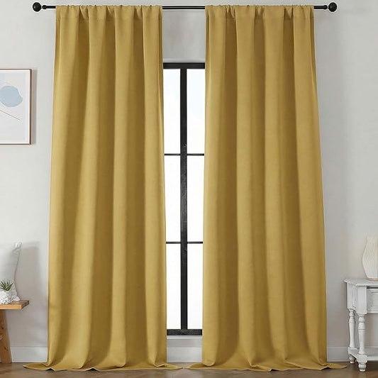 Simplebrand Blackout Extra 10ft Curtains for Patio 120 Inches Long 2 Panels Set, Solid Thermal Insulated Energy Saving Rod Pocket Window Treatment Curtains Blackout Drapes, 50" Wx120 L, Bright Gold