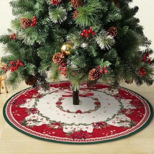 48 Inch Christmas Tree Skirt Mat Short Plush Red Xmas Tree Skirts for Indoor Outdoor Christmas Tree Decoration(Poinsettia and Balls) - Image 4