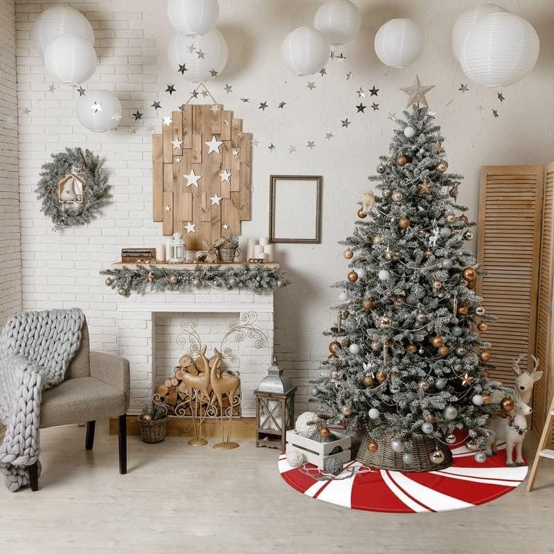 48 Inch Red Swirl Christmas Tree Skirt Sweet Candy Cane Red and White Ornaments Home Party Decoration - Image 2