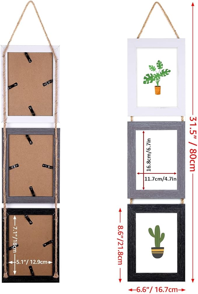 Lavezee 5x7 Collage Picture Frames for Wall Hanging, 6 Opening Triple Vertical Frame Made to Display 7 x 5 Inch Photo Print, Assorted Colors