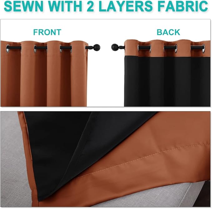 NICETOWN Full Shade Curtain Panels, 37" Wide x 80" Long, Burnt Orange, Pair of Thermal Insulated & Energy Efficiency Blackout Drapes for Living Room, Lined Silky Performance Window Dressing