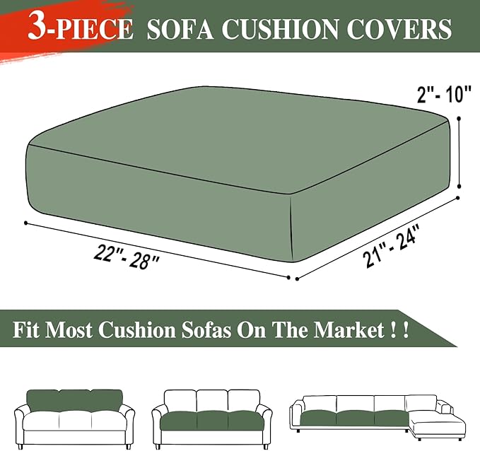 LA MEACK Couch Cushion Covers Seat Cushion Cover Stretch Couch Cover Separate Sectional Sofa Slipcovers Furniture Protector(3 Pieces for Seat or Sofa Backrest, Green)