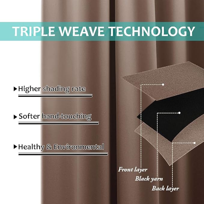 NICETOWN Warm Curtains for Winter, Complete Blackout Shades for Large Window Door, 100% Blackout Curtain Panels with Black Lined, 62 inches Width Each Panel, 95 inches Length, Cappuccino, 2 Pieces