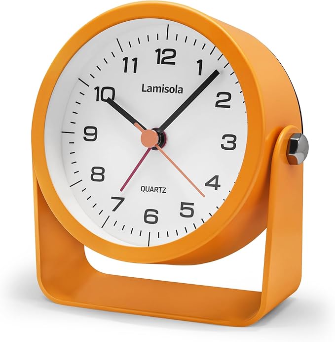3.5 Inch Small Desk Alarm Clock, Battery Operated Analog Silent Clock with Night Light, Retro Vintage Metal Bedside Clock for Bedroom, Office, Bathroom, Dorm, Shelf, Table - Orange