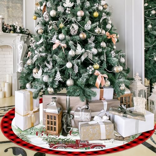 Blosssound Christmas Tree Skirt Buffalo Plaid Retro Red Truck Xmas Tree Skirt for Winter Holiday Farmhouse Christmas Party Decoration(36 Inch,Truck,Red Black) - Image 5
