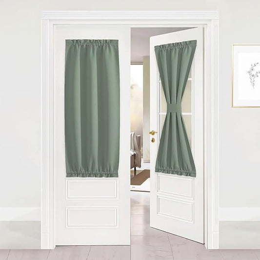 NICETOWN Greyish Green Short Curtains for Kitchen Window, Farmhouse Thermal Insulated French Door Shades for Front Back Glass Patio Christmas, Small Curtains with Tieback, 1 Panel, 25" W x 50" L