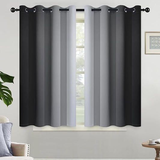 Yakamok Light Blocking Ombre Curtains, Greyish White and Black Gradient Color Curtains, Room Darkening Grommet Window Drapes for Bedroom(Black, 52x45 Inch, 2 Panels)