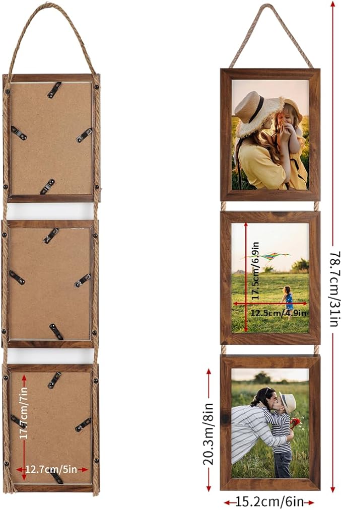 Lavezee 5x7 Collage Triple Picture Frames Set, Walnut Brown 6 Opening Hanging Vertical Frame Made to Display 5 by 7 Inch Photo Print for Wall Decor