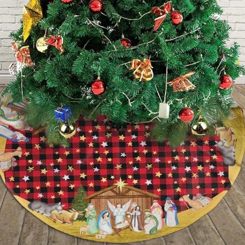 Buffalo Plaid Nativity Christmas Tree Skirt Jesus Christian Funny Tree Mat for Farmhouse Xmas Holiday Party Decorations Indoor Outdoor 36 Inch - Image 4