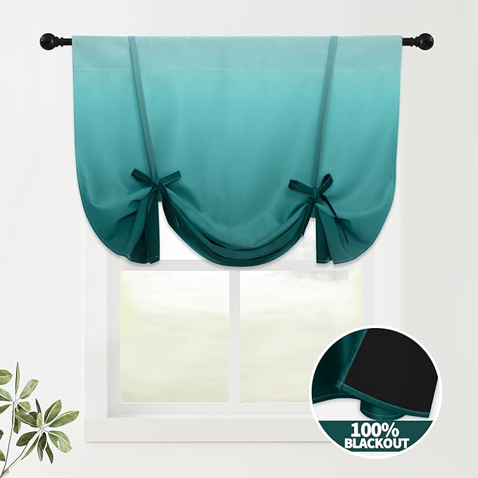 COSVIYA 100% Blackout Ombre Teal Adjustable Tie Up Curtains for Kitchen Thermal Insulated Room Darkening Valance Rod Pocket Balloon Roman Shade for Small Window,48" L x 34" W, 1 Panel