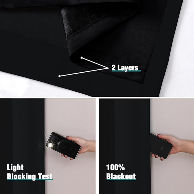 ChrisDowa 100% Blackout Curtains for Bedroom with Black Liner, 2 Thick Layers Total Blackout Thermal Insulated Grommet Window Curtains 2 Panels Set (Black, 52 x 54 Inch)