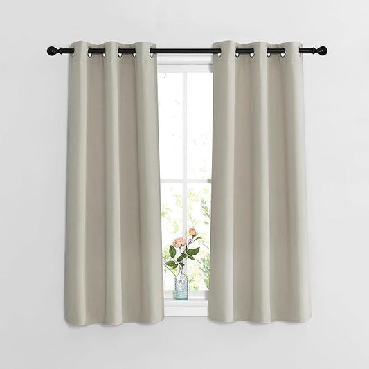 NICETOWN Blackout Bedroom Curtains 48 inches Long - Window Treatment Thermal Insulated Solid Grommet Room Darkening Privacy Sound Reducing for Kitchen (Natural, Set of 2, W37 x L48)