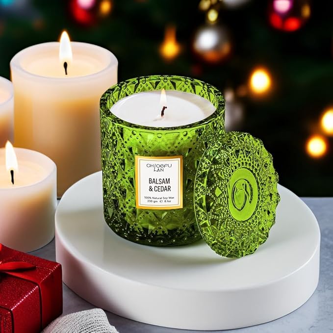 Chloefu LAN Balsam & Cedar Scented Candle Christmas Candles Gift, Christmas Festival Gifts, Large Luxury Scented Soy Jar Candles with up to 55 Hour Long Lasting, Highly Scented, 8.1oz