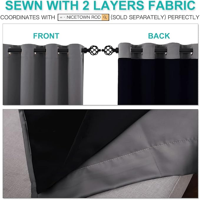 NICETOWN Total Shade Curtains and Draperies, Heavy-Duty Full Light Shading Drapes with Black Liner Backing for Villa/Hall/Dorm Window（Gray, Package of 2 Panels, 70 inches Wide x 95 inches Long
