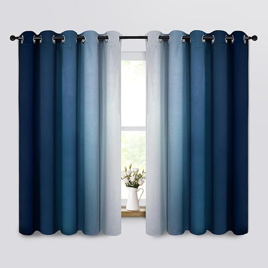 Yakamok Blue Ombre Curtains Room Darkening Grommet Curtains for Bedroom, Light Blocking Thermal Insulated Window Drapes for Living Room(2 Panels, 62x63 Inch)