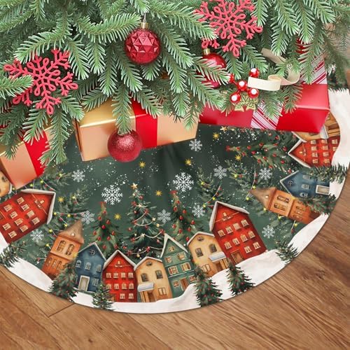 Dark Green Vintage Christmas Tree Skirt Winter 48 Inch Pine Tree Wonderland Forest Village Town House Snowflake Trees Skirts Mat for Xmas Holiday Ornament Rustic Farmhouse Decoration - Image 2