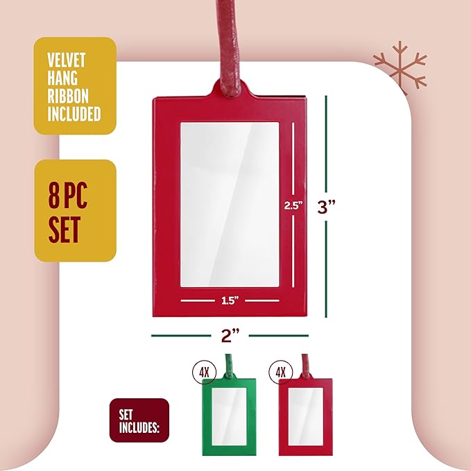 Klikel Christmas Photo Ornament Frames - Red & Green Mini Picture Frames - Set of 8 - Small Holiday Frames For Gifts or Hanging on Christmas Trees