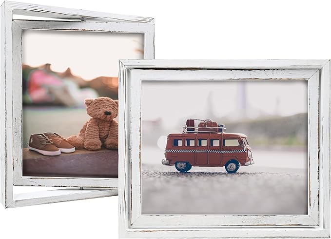 Egofine 2 Pack 8x10 Rotating Floating Picture Frames,Double-Sided Display with HD Glass Front Wooden Distressed Frame for Vertical or Horizontal Tabletop Display, White