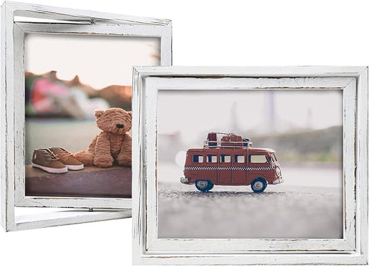 Egofine 2 Pack 8x10 Rotating Floating Picture Frames,Double-Sided Display with HD Glass Front Wooden Distressed Frame for Vertical or Horizontal Tabletop Display, White