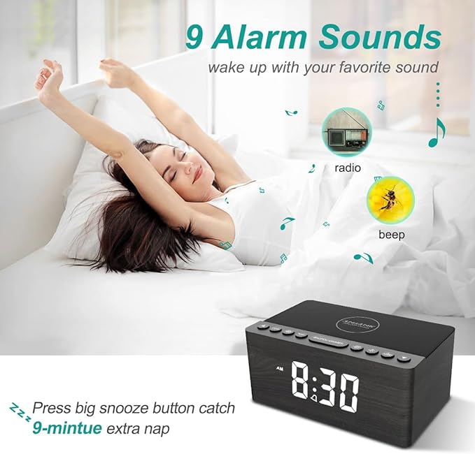 ANJANK Wooden Digital Alarm Clock FM Radio,10W Qi Certified Fast Wireless Charging Station for iPhone/Samsung Galaxy,5 Level Dimmer,USB Charger,9 Wake up Sounds, Bedroom, Bedside, Desk, Nightstand