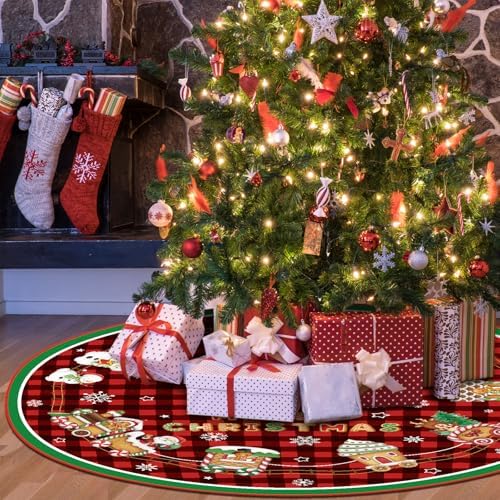 Blosssound Christmas Tree Skirt Buffalo Plaid,48 Inch,Gingerbread Man,Plaid - Image 5