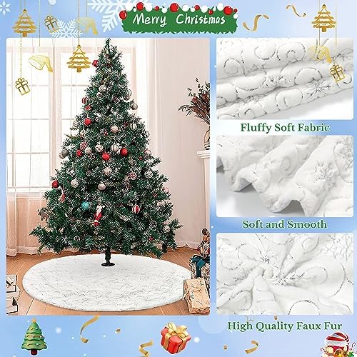 Dremisland Christmas Tree Skirt 48In White&Silver Tree Skirt with Snowflake - Image 4