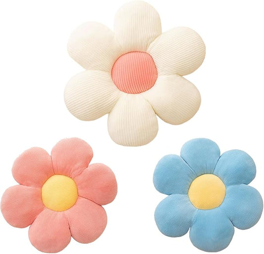 CANGHI 3Pcs Flower Pillow - Flower Shaped Throw Pillow Seating Cushion, Cute Daisy Flower Pillow Floor Pillows for Adults Kids Home Bedroom Sofa Chair Couch Decor (White/Pink/Blue, 15.74 in+19.68 in)