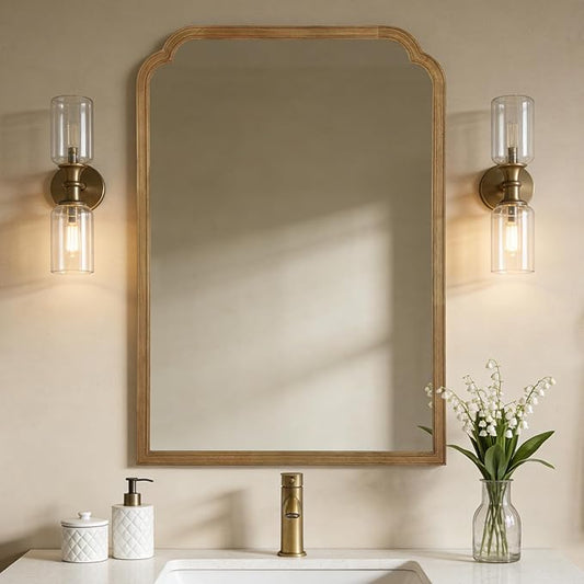 WallBeyond 28" x 40" Wood Bathroom Mirror for Wall Mounted, Rustic Rounded Corner Vanity Mirror for Entryway, Living Room or Bedroom Home Decorative [28" x 40" Natural Color]